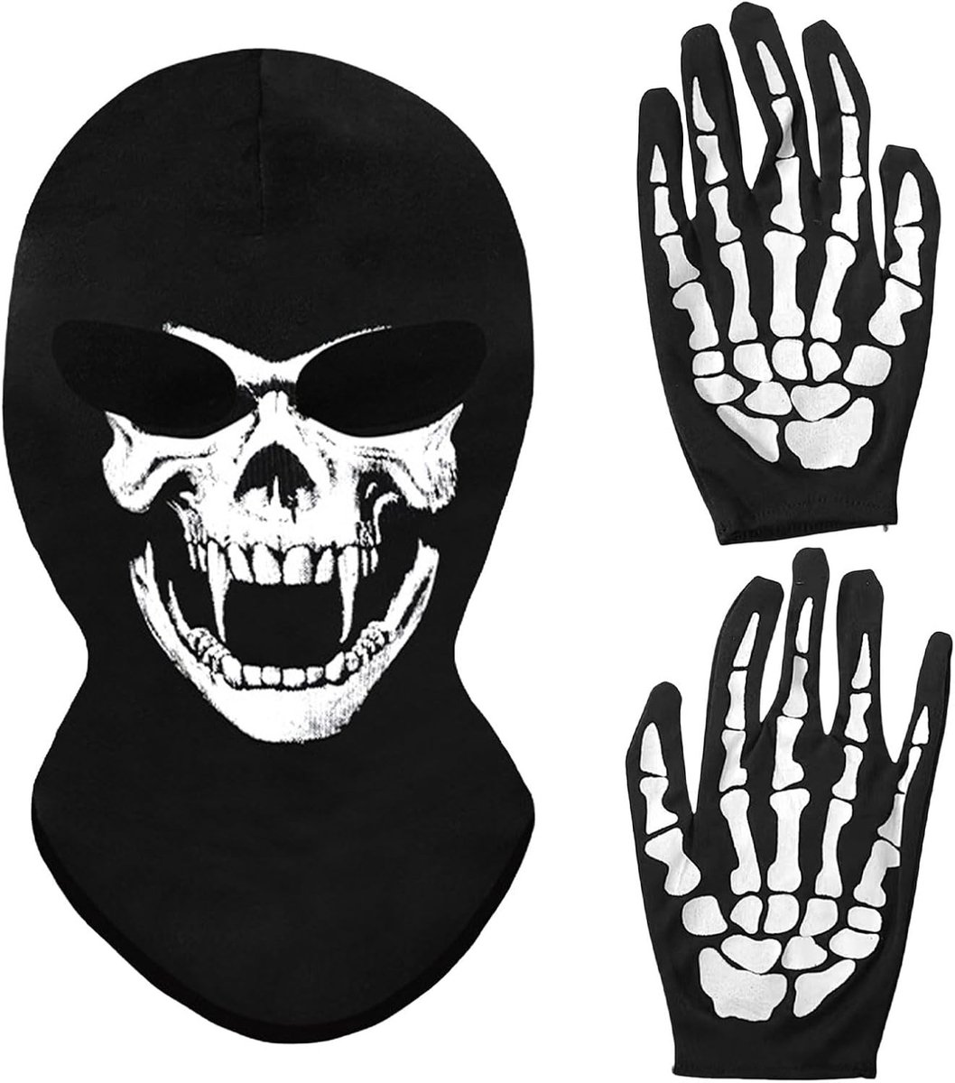 Halloween skelet hoofd gezichtsmasker en handschoenen voor volwassenen, warme winter cosplay kostuum voor feest en dans.