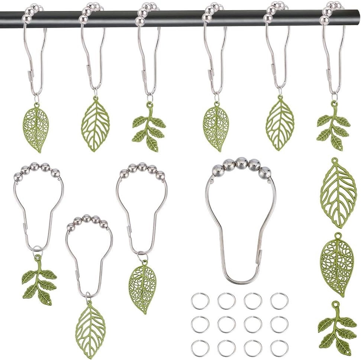 Set van 12 metalen douchegordijnhaken met groen bladmotief, decoratieve badkameraccessoires, lentegroen en bosmotief