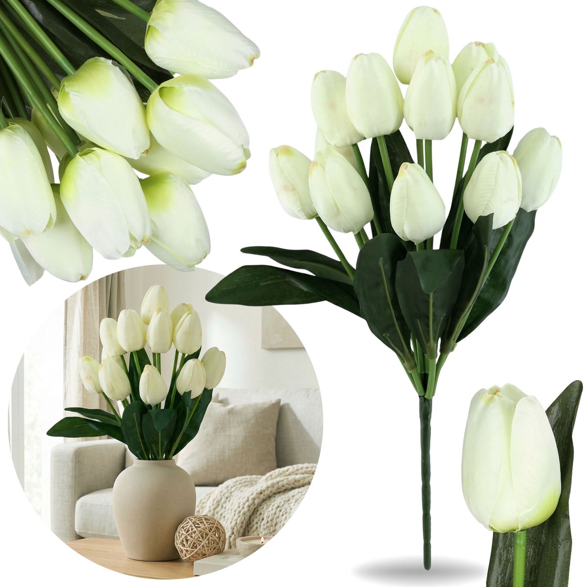 Kunst TULPEN, wit voor binnen/buiten, BOEKET 12 tulpen, tak 43 cm