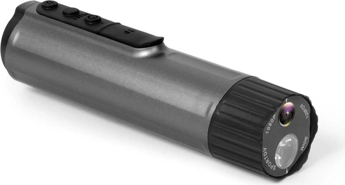1080P outdoor actiecamera met wifi en led-zaklamp; kan op helmen en fietsen worden bevestigd; ondersteunt draadloze bewaking en bewegingsdetectie; grijs.