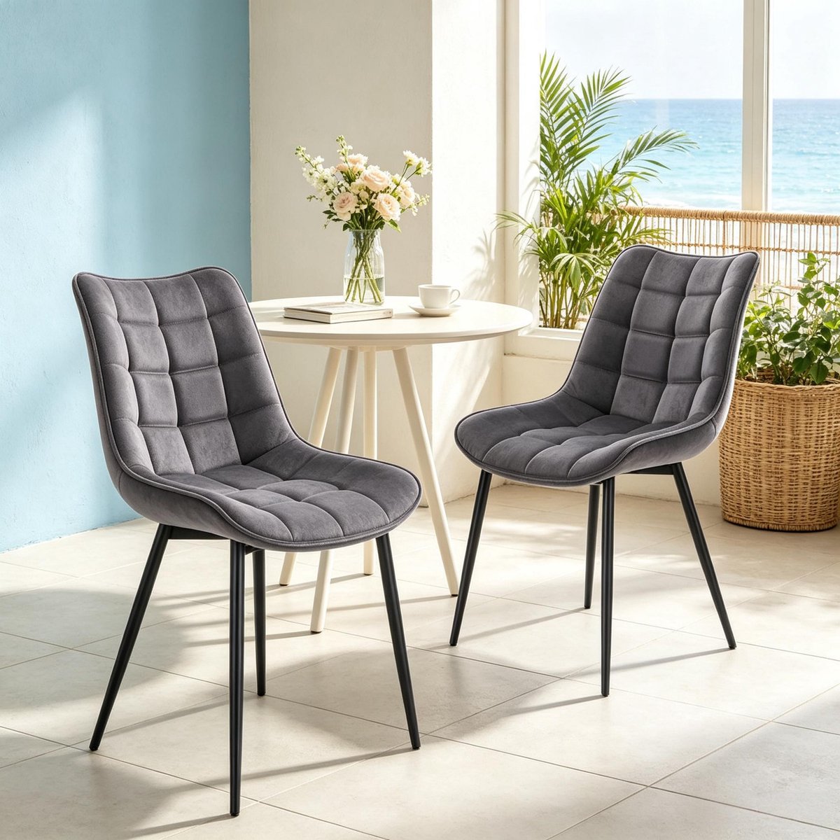 REDOM - Eetkamerstoel - Set van 2 - Gepolsterde velvet zitting - Metalen poten - Hoge rugleuning - Modern design - Donkergrijs - 85,5 x 46 x 39 cm