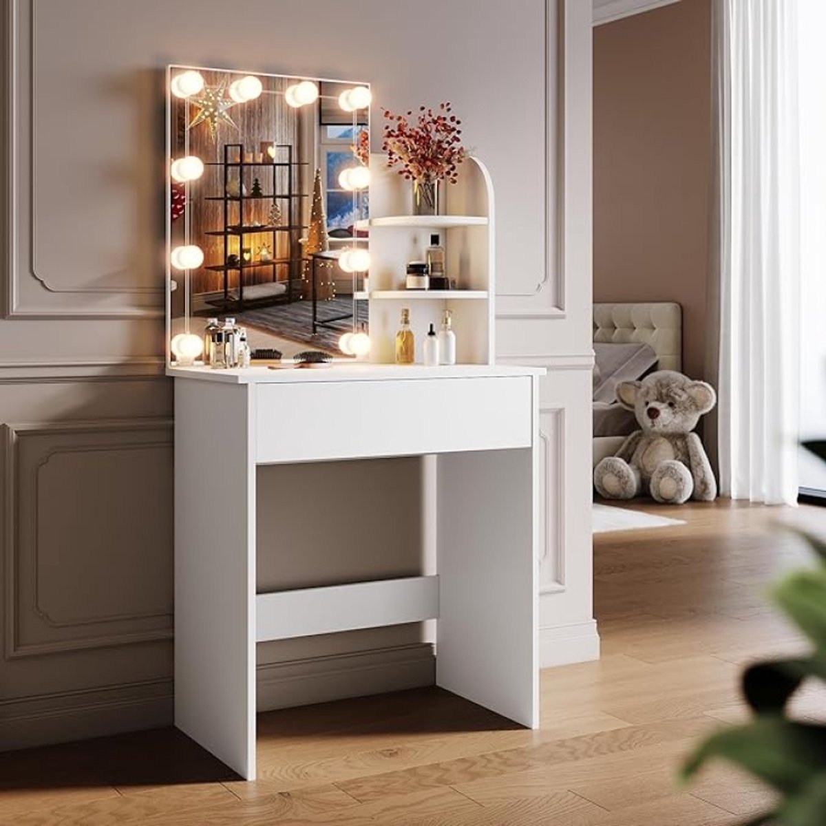 Kaptafel met 10 LED-lampjes en HD-spiegel, instelbare helderheid, wit, 70x40x140 cm