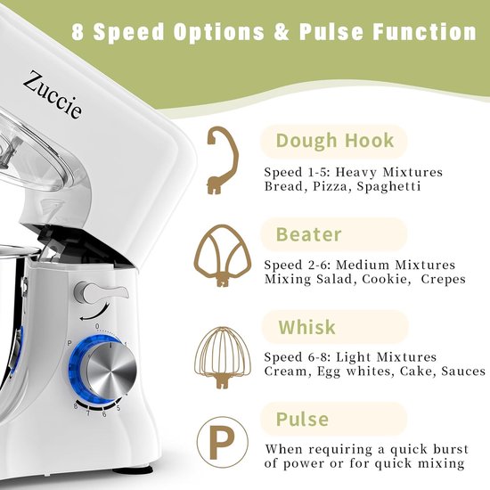 Keukenmachine - Kneedmachine Roermachine - Brood Deeg Maken - 8 Snelheden Pulsfunctie - 5.2 Liter Kom - Wit — afbeelding 5