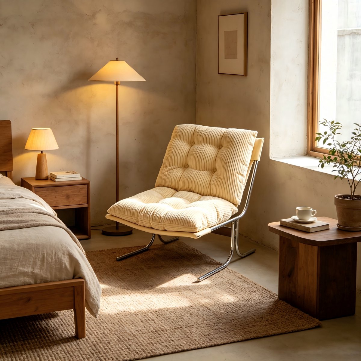 REDOM - Fauteuil - Barcelona-stijl - Afneembare bekleding - Metalen poten - Woonkamer slaapkamer balkon - Corduroy - Crème - 73,6 x 84,0 x 84,5 cm