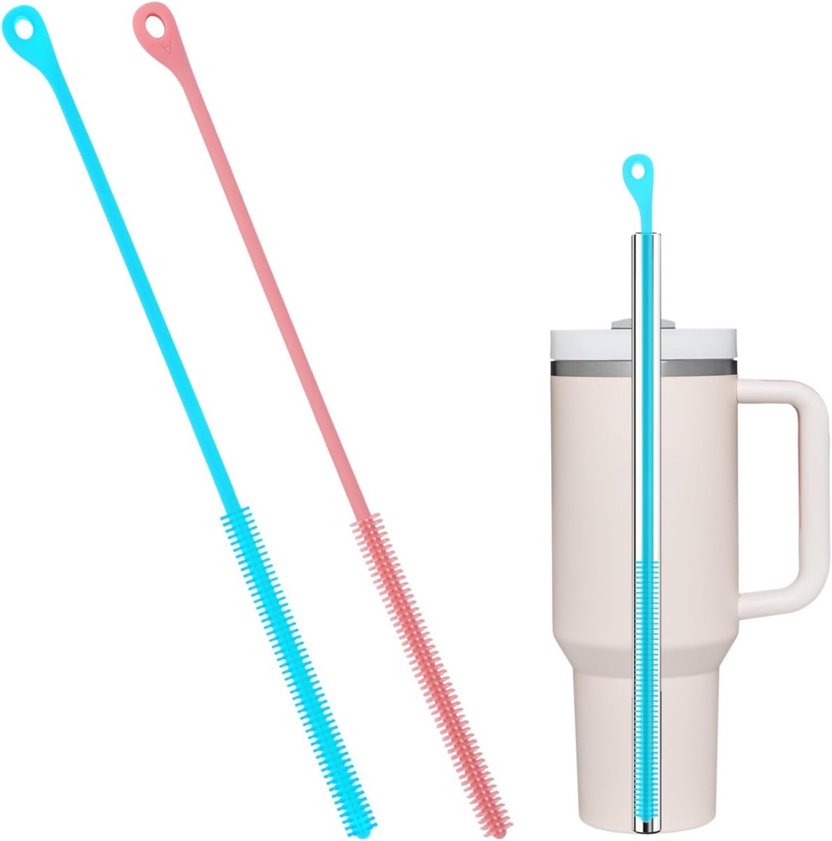 2 stuks reinigingsborstels voor rietjes, 24 cm extra lange siliconen rietjesborstels voor metalen, glazen en plastic rietjes en flexibele slangen (roze, blauw)