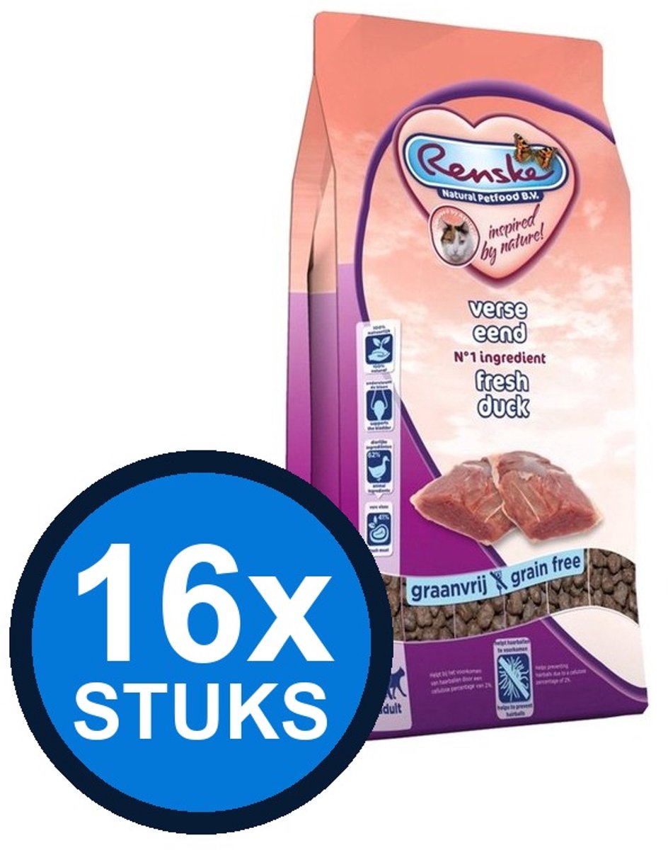 16x Renske - Super Premium droog kat adult eend 400gr - Kattenvoer - 400 g