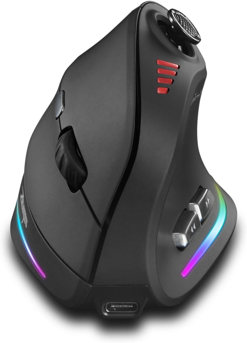Ergonomische Verticale Gamingmuis, Draadloos met Joystick, Bluetooth 5.0 & 2,4GHz, 12 Programmeerbare Knoppen, Instelbaar tot 24.000 DPI, Oplaadbaar met RGB-verlichting, Geschikt voor PC, MacBook en Laptop