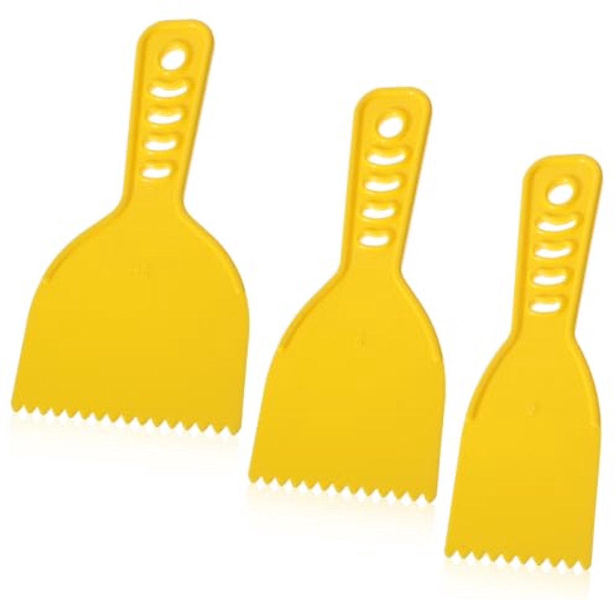 Een 3-delige set gekartelde plastic schrapers met handvat- geschikt voor het aanbrengen van lijm- lossingsmiddelen- plamuur- enz-en kan ook gebruikt worden als applicator voor houtlijm