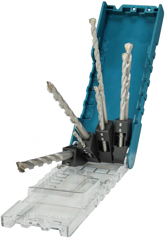 Makita steenboorset met 8 boren in een blauwe kunststof cassette. Boren met maten 5, 6, 8.