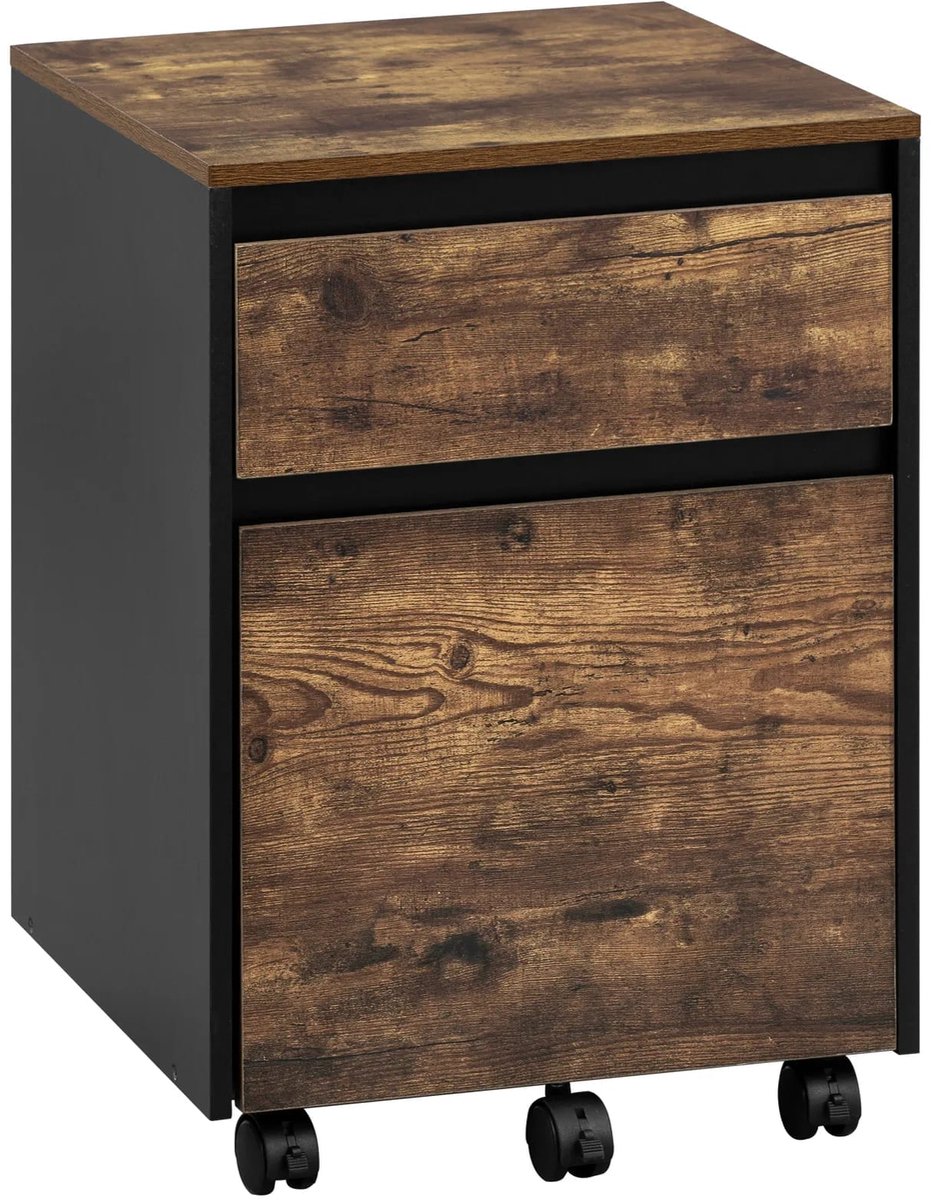 Klarven® Mobiele archiefkast Hout vintage look - Op wielen met anti-kantelbeveiliging - 2 laden met hangmappensysteem A4, 5 zwenkwielen waarvan 3 met rem - B 40 x D 40 x H 56 cm