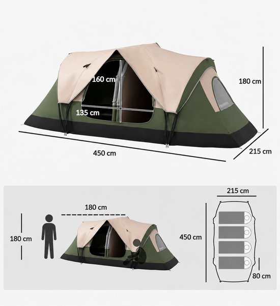 ITRONIQ Tent 6/8 Personen - Familietent - Kampeertent Met 2 Kamers - Grote Camping Tent - Waterdicht 2000 mm - Olijfgroen — afbeelding 2