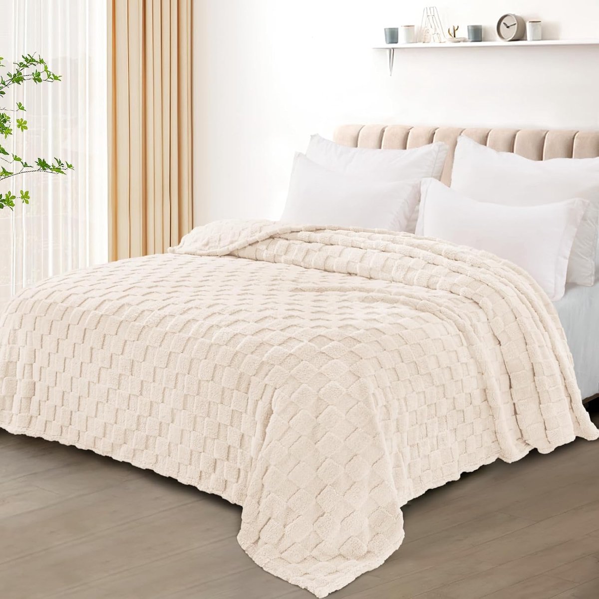 Blanket - 150 x 200 cm- Plaid - Double Blanket - Sofa Blanket - 3D Checkered Blanket - Soft Blanket - Checkered Wool Blanket - Warm Blanket - Living Room Decor - voor op de Bank, Bed of Woonkamer Decoratie - Beige — cadeau in Wonen & Interieur - foto 4