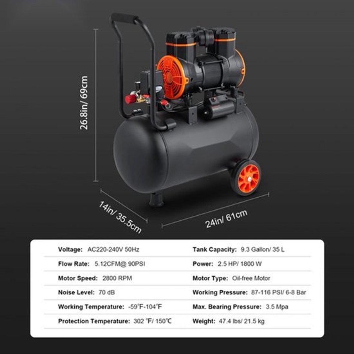 Luchtcompressor - Olievrij 35 L Draagbaar - Vermogen 2,5 pk - Druk 8 bar/116 PSI - Opbrengst 2,2 CFM (62 L/min) - Stil 70 dB - Voor Auto, Banden, Spuitverf, Hout