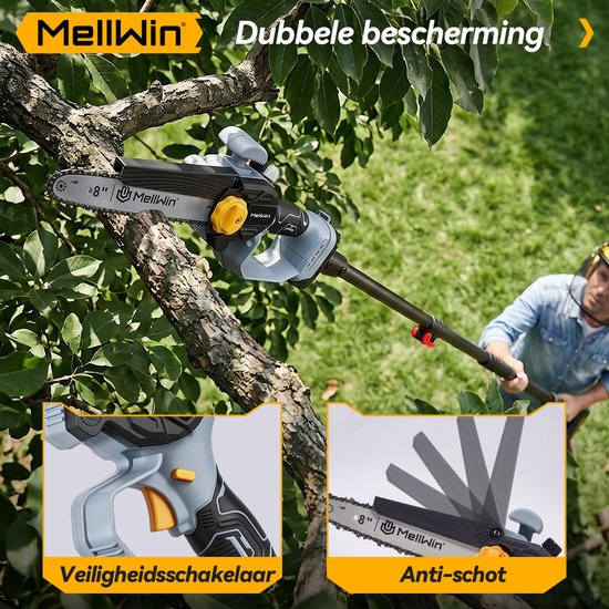 MellWin Mini Kettingzaag + Telescopische Steel - Accu Hoogsnoeier - met 2x Accu's - max. bereik tot 2.3 m - Borstelloze Takkenzaag - voor boomtakken, houtzagen — afbeelding 4