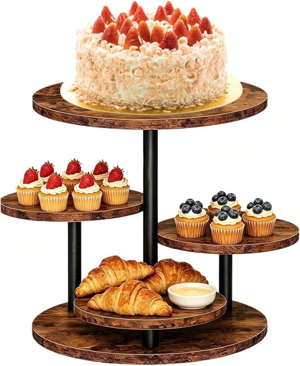 4-laags Houten Taartstandaard met Zwart Metalen Frame, Draaibaar – Cupcakehouder voor Bruiloft, Verjaardag en Feest