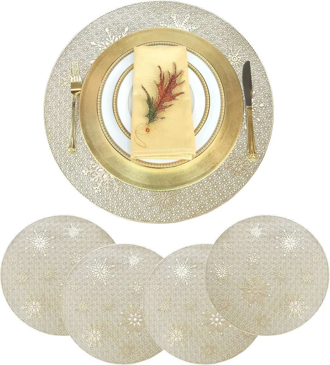 Set van 4 Ronde Kerst Tafelonderleggers van PVC met Sneeuwvlokken - Wasbare en Warmtebestendige Tafelmatten voor Feestelijke Tafeldecoratie