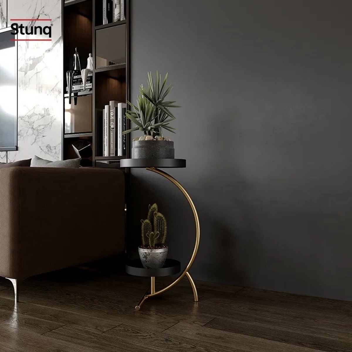Stunq® Plantenstandaard met twee zwarte plateaus en gouden frame