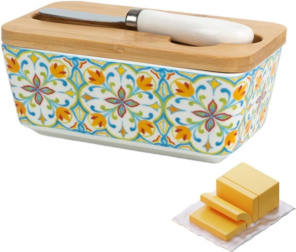 Ceramische Botervloot met Houten Deksel en Botermes, Grote Capaciteit, Multifunctionele Botervariant voor Keuken en Huishouden, Ideaal voor Versheid en Bewaring