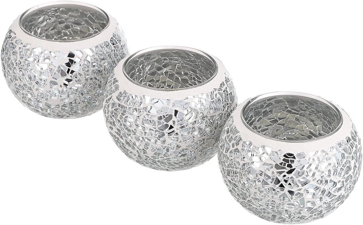 Kandelaar - Set van 3 - Glas - Handgemaakt - Met LED - Zilver
