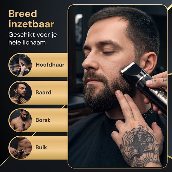 Man met baard wordt getrimd met zwarte tondeuse, met afbeeldingen van hoofdhaar, baard, borst en buik trimmen.