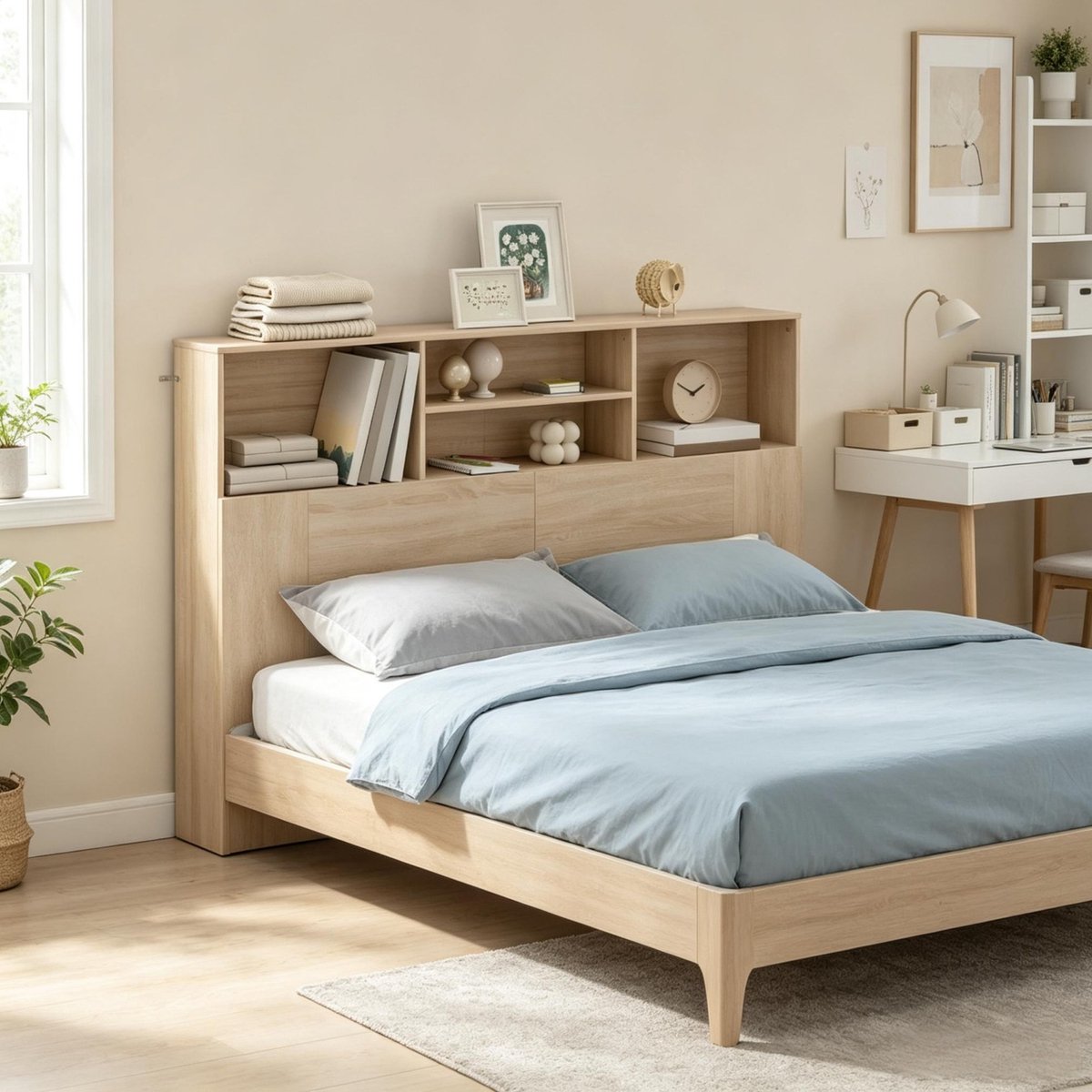 Hoofdbord Met Opbergruimte – 140 Cm – 4 Open Vakken – Vezelplaat – Natuurlijk Hout – Voor Slaapkamer En Lezen