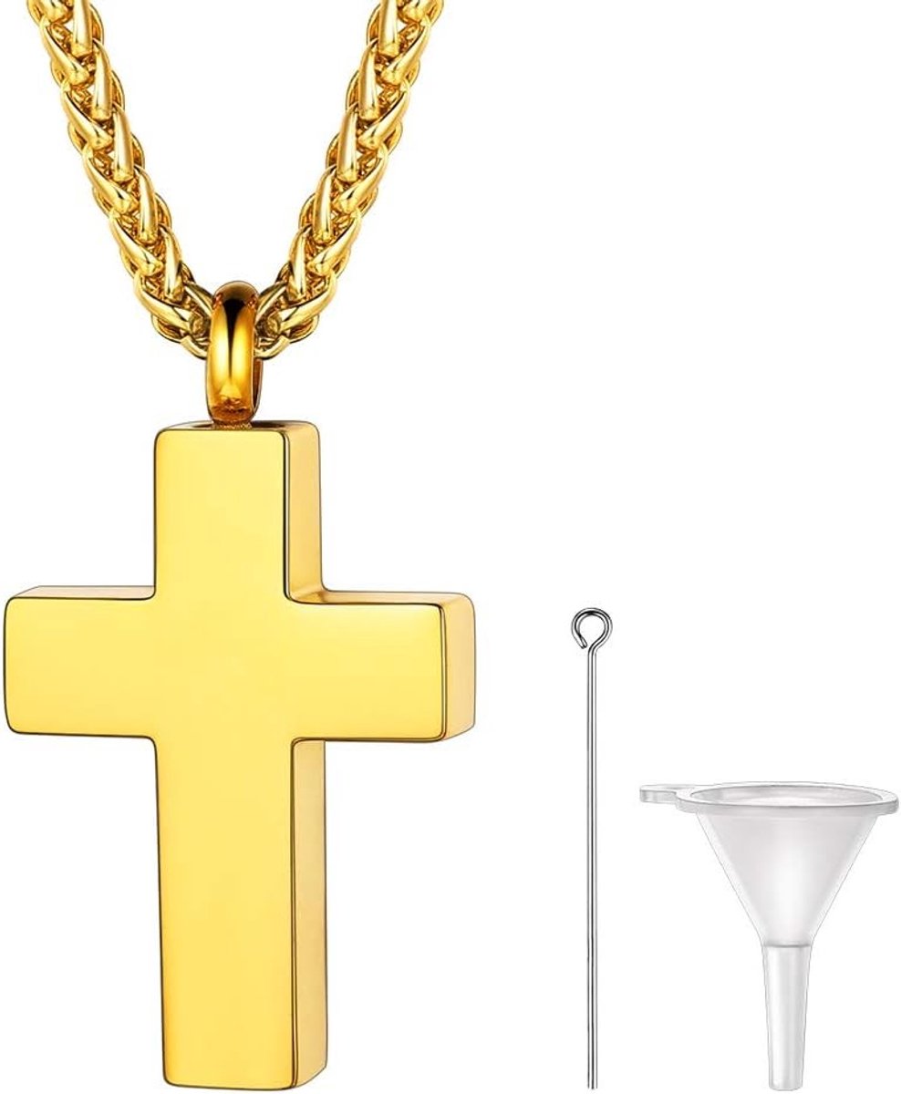 Kruis en Maagd Maria Crematie Urn Ketting voor As, Herinneringsjuweel, 18K Goudplated, RVS, Perfect als Geschenkdoos en Pouch inbegrepen