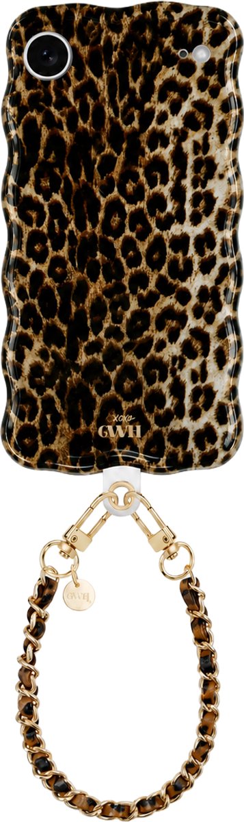 xoxo Wildhearts Glossy Wavy Case Wild Soul - Classic Chain Cord (short) - geschikt voor iPhone 17 Air - Golvend hoesje met afneembaar telefoonkoord - Glimmende silicone case met golven en kort koord - Vlekbestendig - Luipaard / Tijgerprint