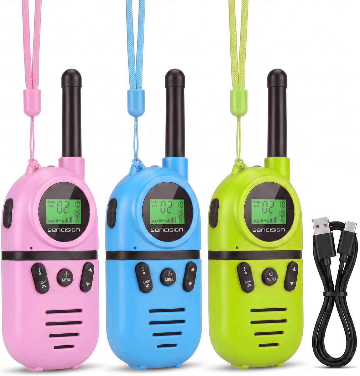 Sencision Walkie Talkie voor Kinderen Oplaadbaar - Portofoon - Walkie Talkie Oplaadbaar - Set van 3 - Tot 5 km Bereik - Zaklamp - Roze/Blauw/Groen