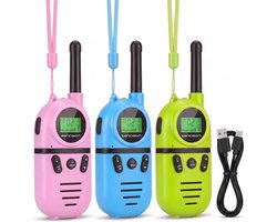 Sencision Walkie Talkie voor Kinderen Oplaadbaar - Portofoon - Walkie Talkie Oplaadbaar - Set van 3 - Tot 5 km Bereik - Zaklamp - Roze/Blauw/Groen