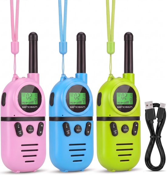 Drie walkie talkies in roze, blauw en groen, met USB-kabels. De tekst 'Duidelijke geluidskwaliteit' staat in beeld.