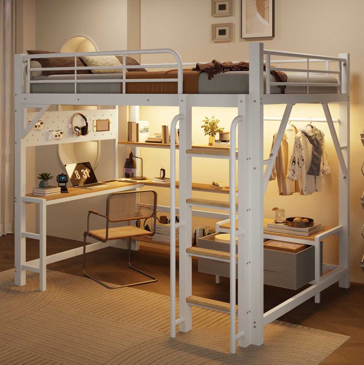 Wishdor Hoogslaper 140x200 cm - Met bureau en opbergruimte - Met ledverlichting en usb-aansluiting - Modern - Kinderkamer - Metaal en mdf - Wit