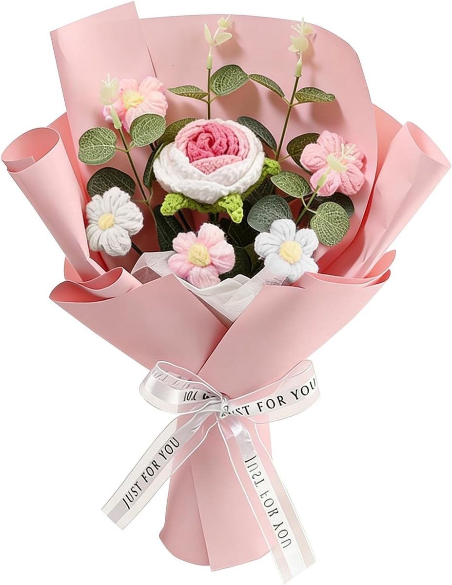 Handgemaakte Gehaakte Bloemen Boeket met Rozen, Roze Bloemen voor Vrouwen, Vriendinnen en Moederdag, Valentijnsdag