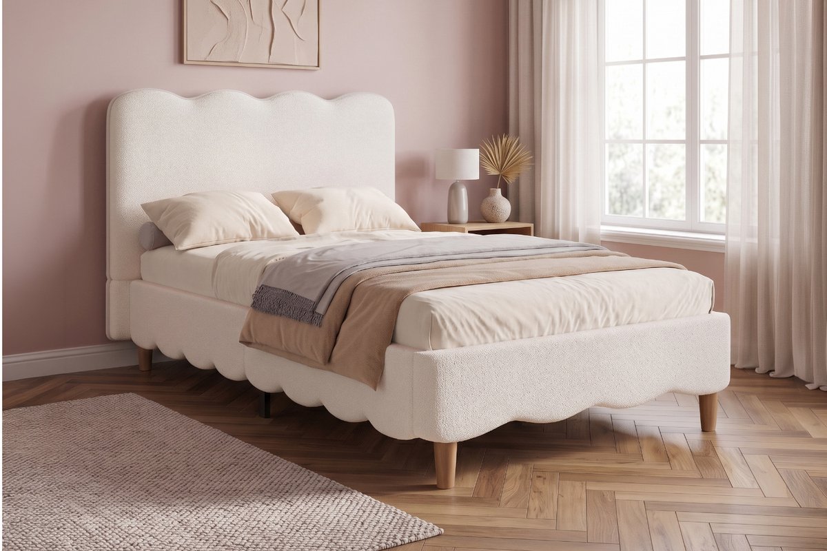 WUVRIE Eenpersoonsbed 90x200 cm met lattenrost, bouclé bekleding en hoofdboard, wit