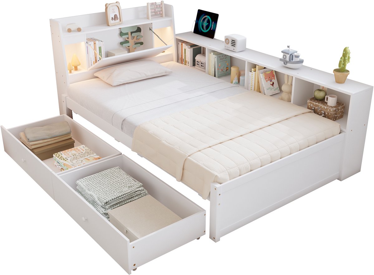 WUVRIE Eenpersoonsbed 90x200 cm met opbergend hoofdbord, 2 lampen, laadpoort, kasten en lades, wit