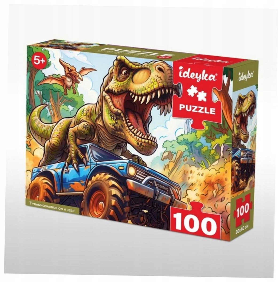 Puzzel van 100 stukjes: Tyrannosaurus Rex in Jeep