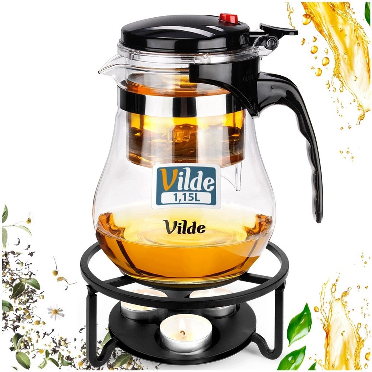 Glazen theepot met warmer en infuser, 1.1L