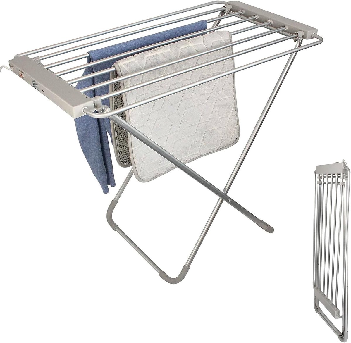 Droogrek radiator - Geborsteld Aluminium - 95 x 63 x 74 cm - Elektrisch Verwarmd Wasrek met 8 Stangen - Voor Snel Drogen van Wasgoed
