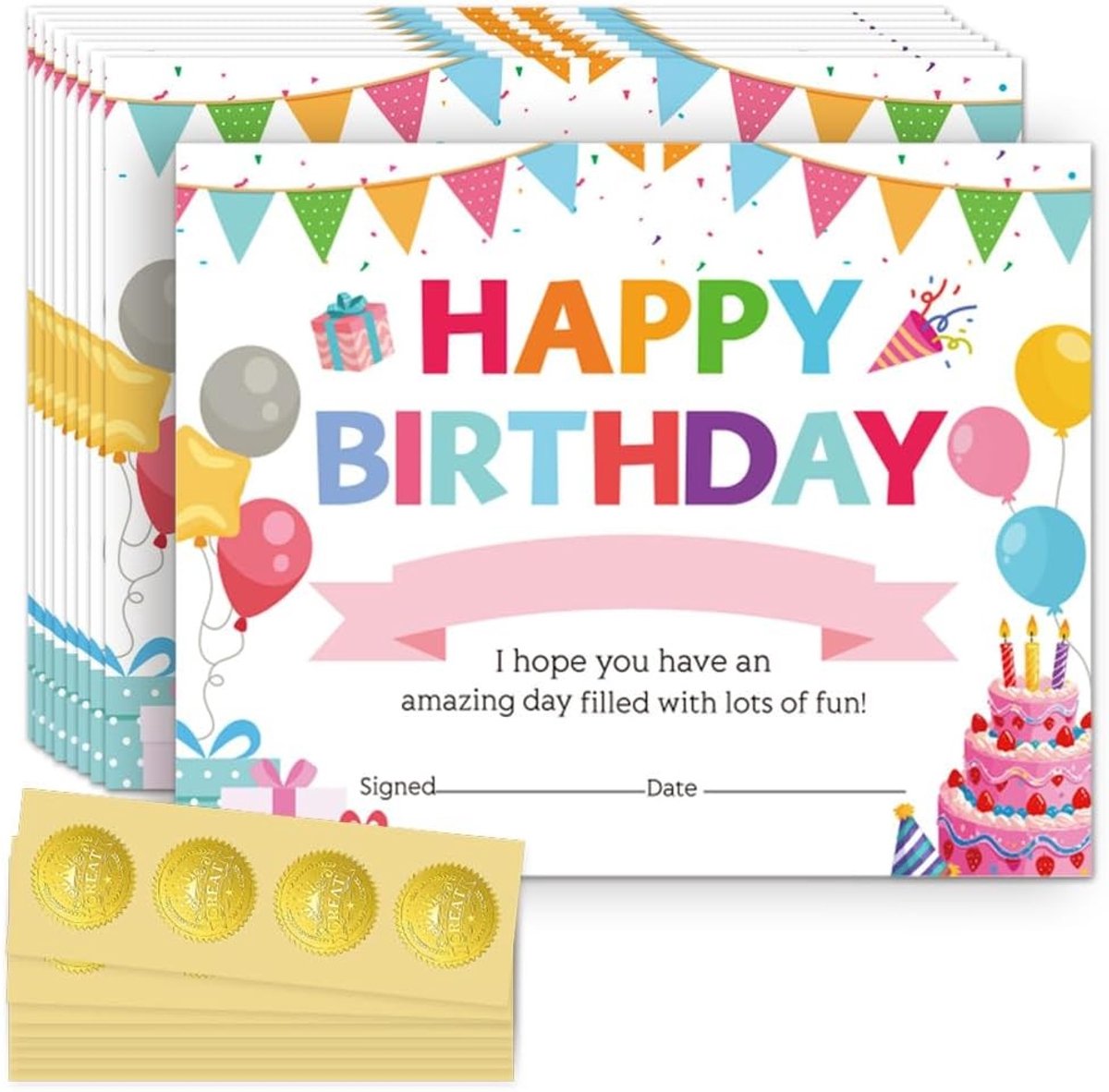 30 Stuks Verjaardagscertificaat Papier met Ballonnen en 32 Gouden Folie Stickers, 20 x 25 cm, Kleurrijk Certificaat voor Basisscholen en Kleuterscholen, Feestelijke Decoratie en Cadeaus