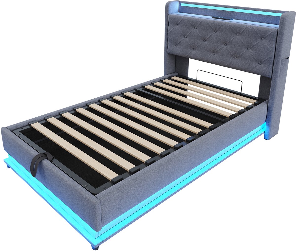 WUVRIE Gestoffeerd kinderbed 90x200 cm met LED, USB en opbergruimte, grijs