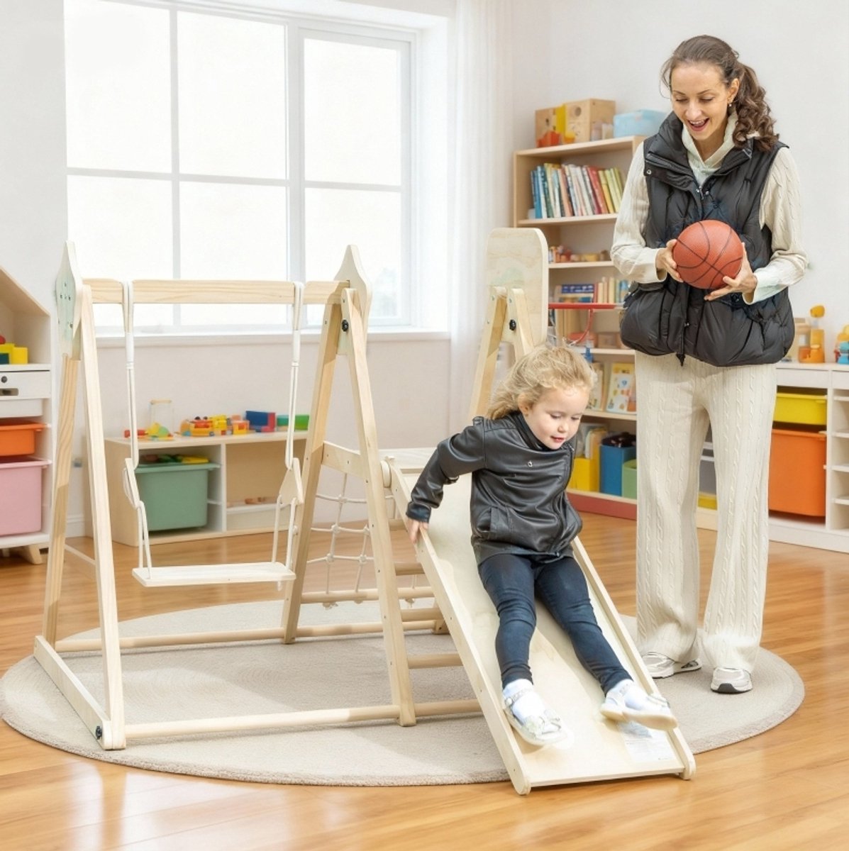 MODFU-Klimrek Met Glijbaan En Schommel-Basketbal-Opvouwbaar-Hout