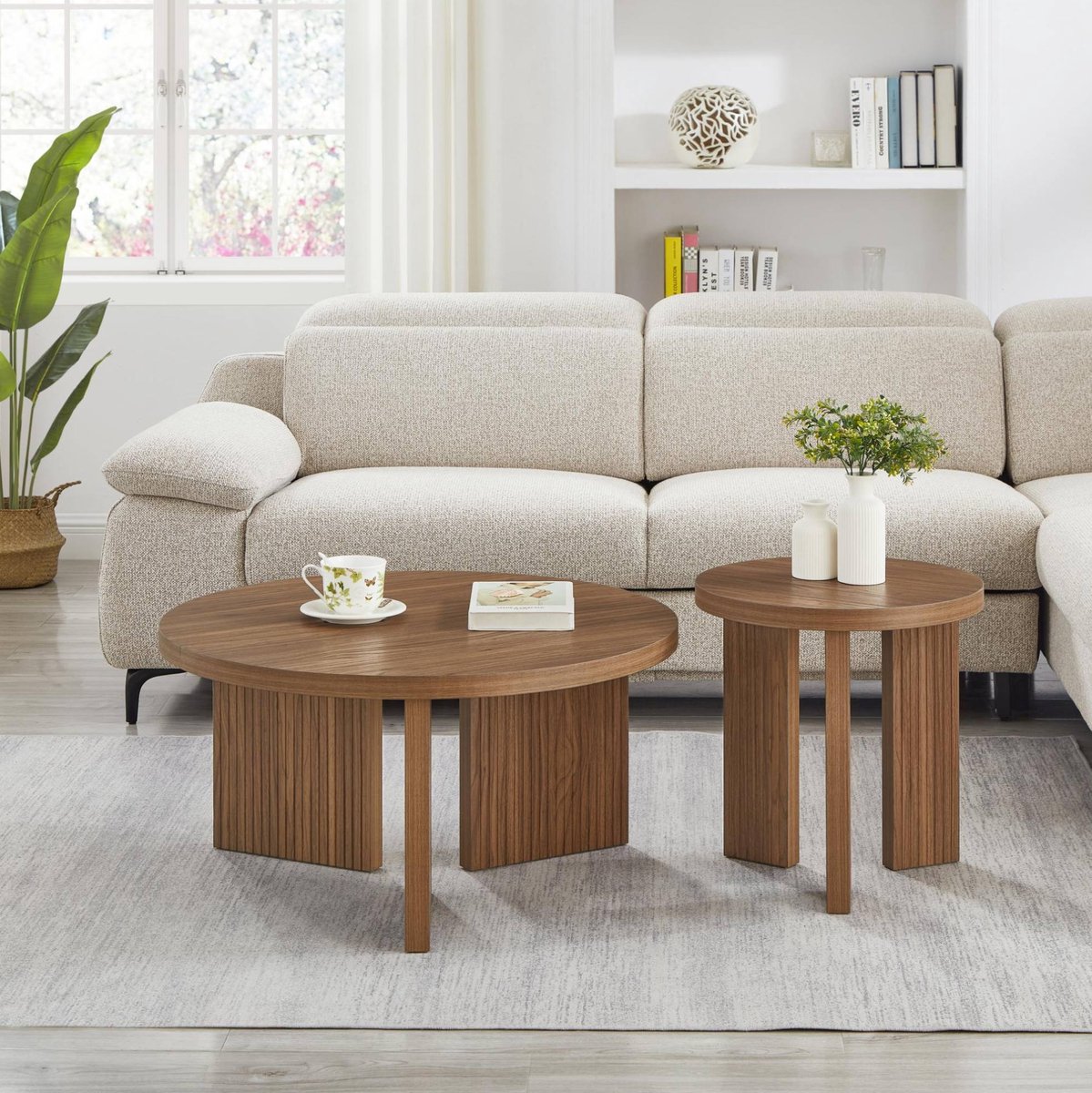 Wishdor Ronde salontafelset - 2-delig met ribbelstructuur - Stabiel en onderhoudsvriendelijk - Modern - Woonkamer slaapkamer kantoor - MDF - Walnootbruin - Ø 80 x 41,5 cm