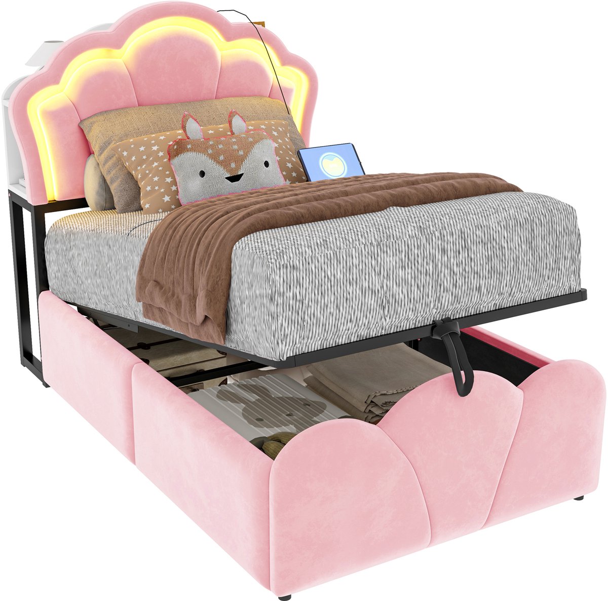 WUVRIE Gestoffeerd bed 90x200 cm met hydraulische opbergruimte, LED, stopcontacten en staufakken, roze
