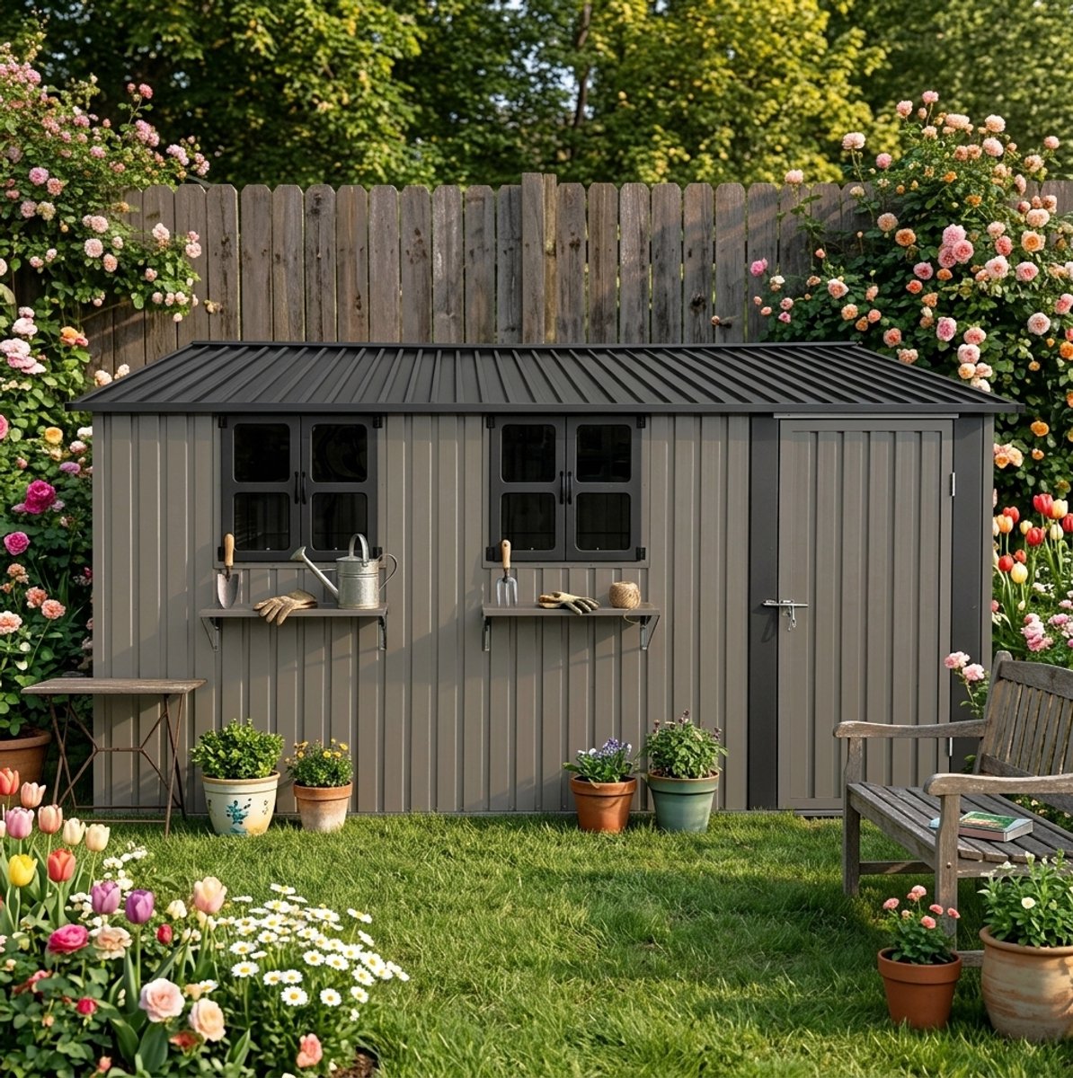 FloraGrace Tuinhuis – Verzinkt Staal – 370,8 X 303,8 X 204,9 Cm – Bruin – Met 3 Openende Ramen En Afsluitbare Dubbele Deuren Voor Tuinopslag