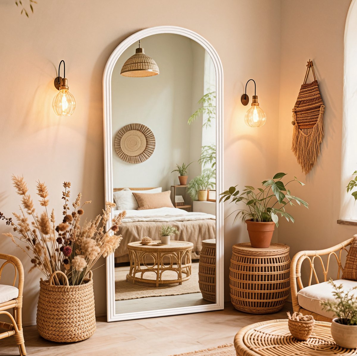 Spiegel Gebogen Met Houten Frame 160 X 50 Cm Wit Met Verstelbare Metalen Voet Voor Woonkamer En Commerciële Ruimtes