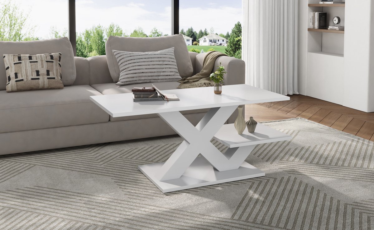 Wishdor Salontafel - Rechthoekig hoogglans tafelblad - X-vormige poten dubbele werkbladen - Modern minimalistisch - Woonkamer slaapkamer hal - MDF - Wit - 100 x 48 x 45 cm