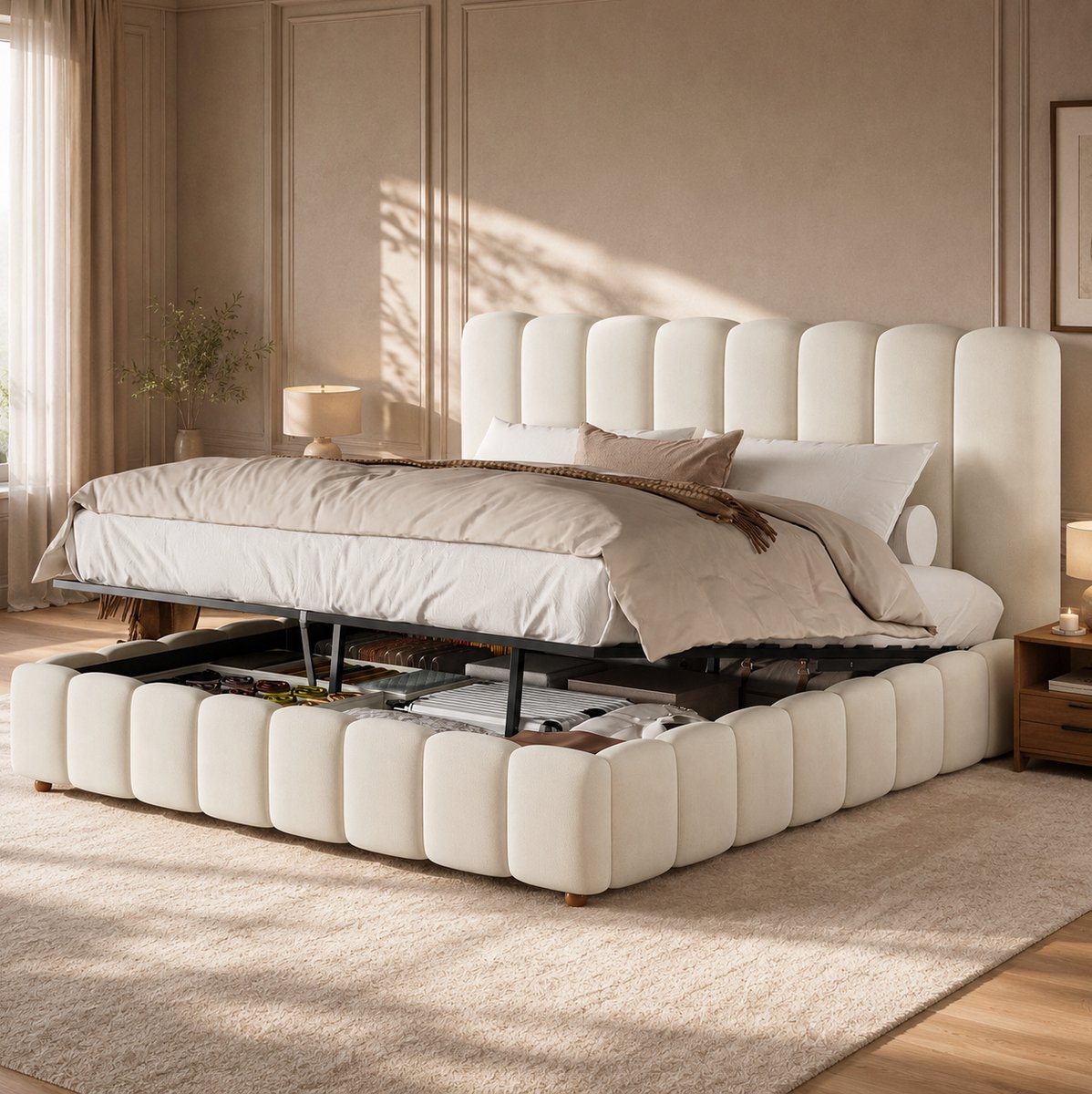 STILVORA Gestoffeerd Bed 180x200cm - Hydraulisch Opbergbed Met Lattenbodem En Hoofdbord - Voor Volwassenen - Zacht Fluweel - Beige Zonder Matras