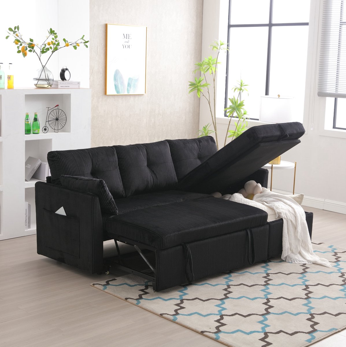STILVORA Slaapbank 3-Zits 206 Cm Met Opbergruimte En Uitklapbed Verstelbare Chaise Longue Voor Woonkamer Stof Zwart