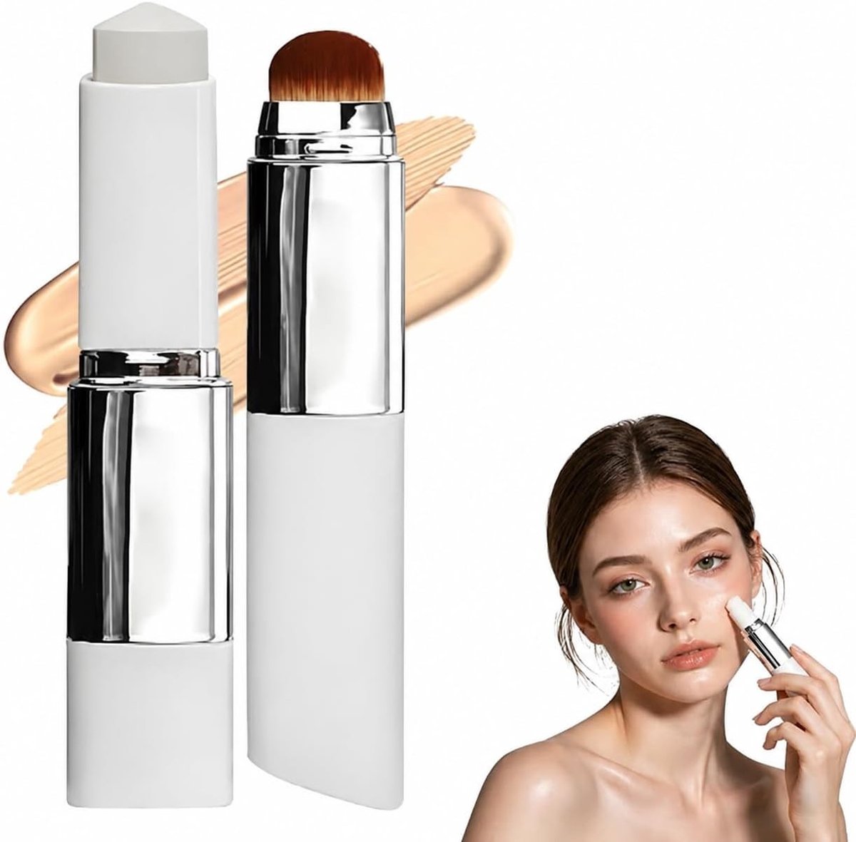 Kleuradaptieve 2-in-1 foundation stick met SPF 15, ingebouwde kwast en anti-aging voor rijpe huid – Hoogwaardige Koreaanse make-up voor alle huidtinten en langdurige dekking