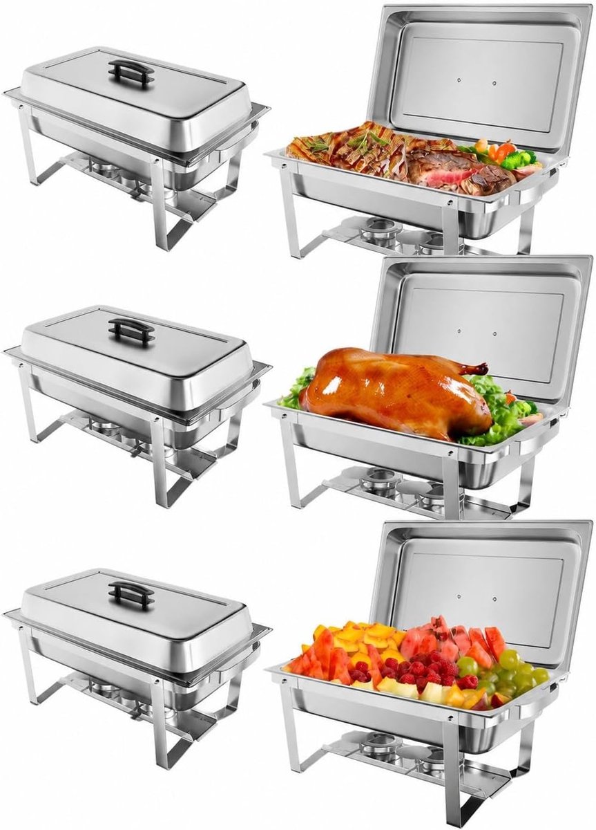 Chafing Dish Set van 6 - 9 Liter Rechthoekige RVS Buffet Warmhouders - Spiegelglans Warmhoudschaal voor Catering, Bruiloft, Feest & Horeca - Voedselveilig met Brandpastahouders