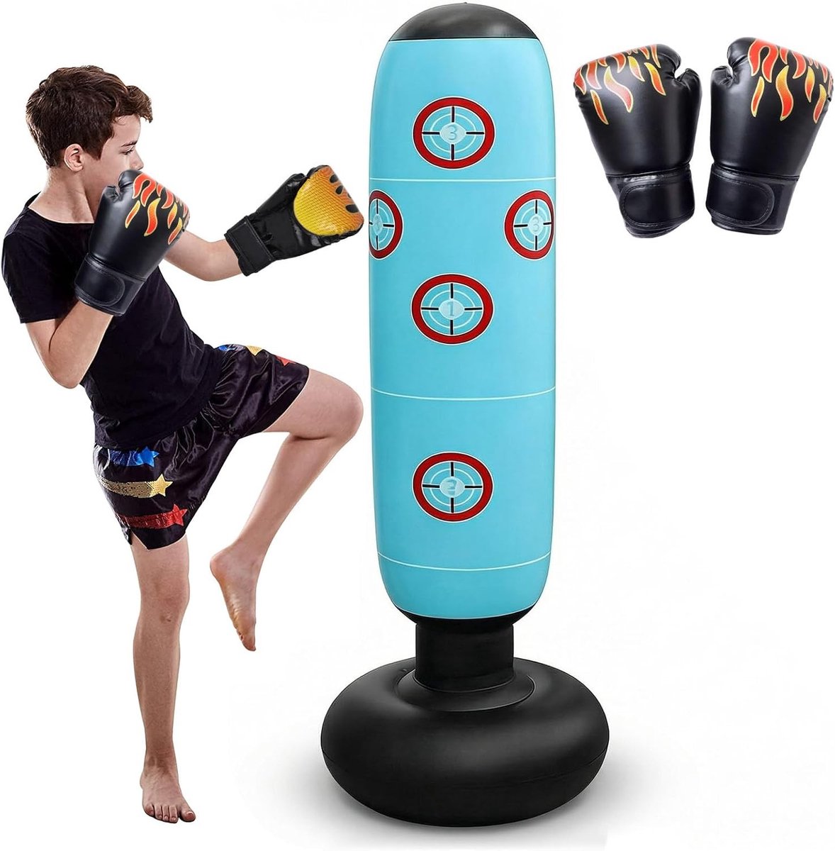 Opblaasbare bokszak voor kinderen van 160 cm, inclusief bokshandschoenen, ideaal voor boksen, karate en taekwondo, zacht en comfortabel in gebruik